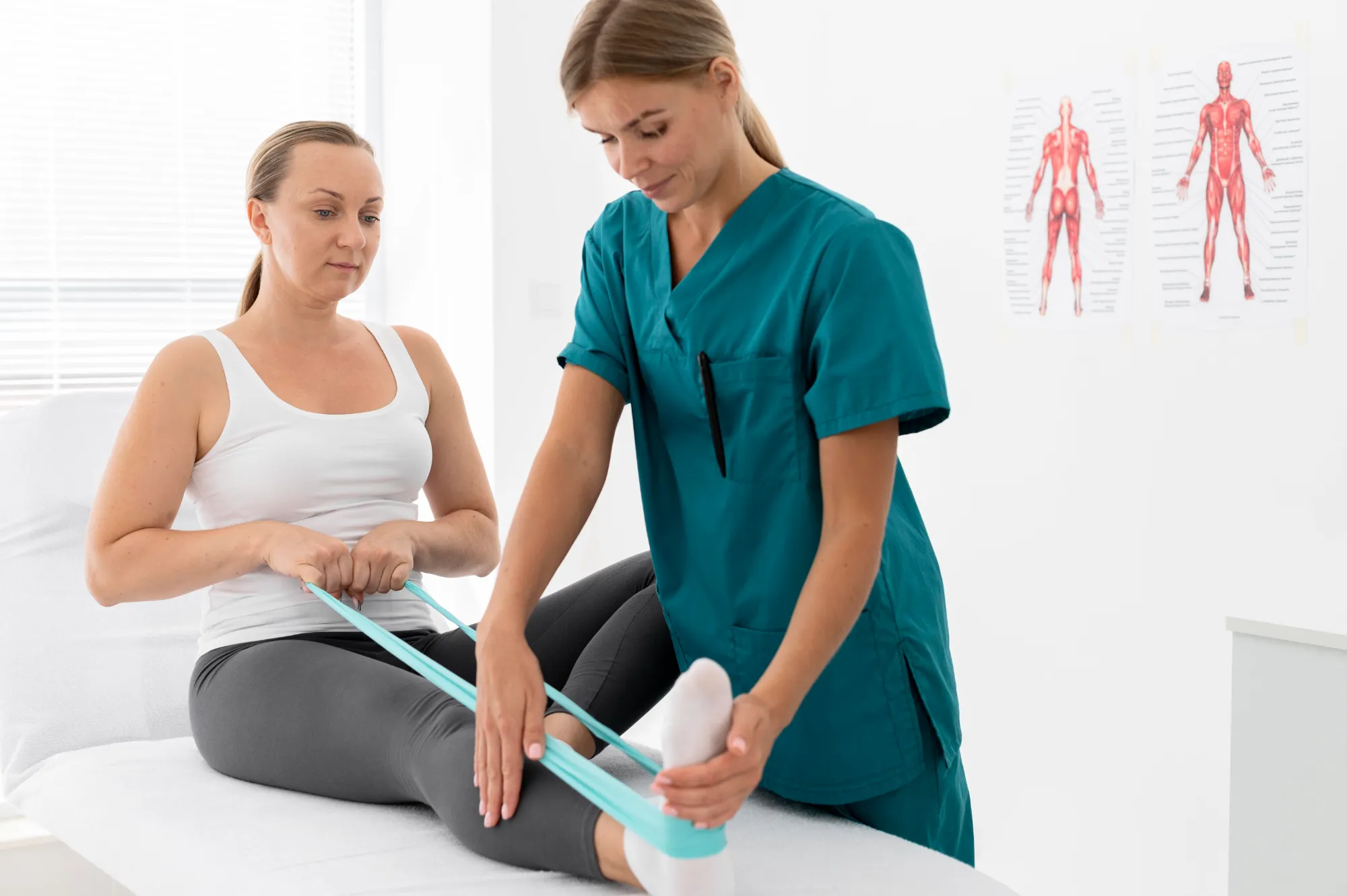 A nurse and woman engaged in physical therapy on an examination table